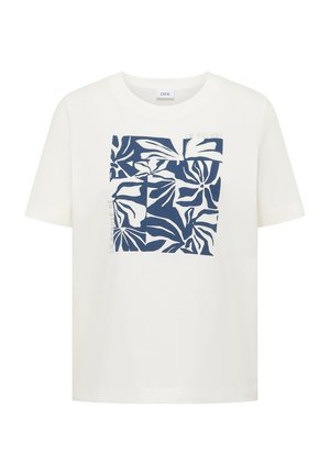 T-shirt blanc à manches courtes avec un design carré abstrait de feuilles tropicales bleu marine centré sur la poitrine.