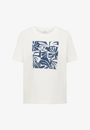 T-shirt blanc à manches courtes avec un design carré abstrait de feuilles tropicales bleu marine centré sur la poitrine.