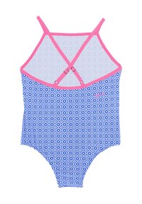 Maillot de bain une pièce avec un motif géométrique bleu, des accents roses, un design croisé dans le dos et des bretelles réglables. Fabriqué à partir d'un matériau extensible.