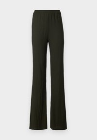 Dark green, textured wide-leg pants with an elastic waistband. Soft fabric, flared shape. No visible fastenings or pockets.