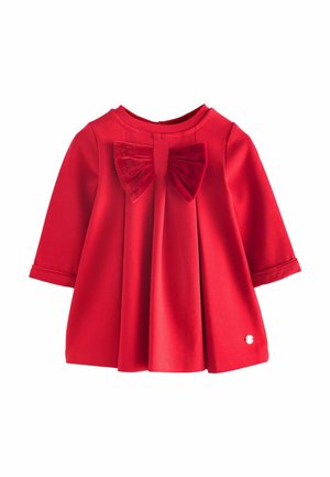 Rotes Kleid mit langen Ärmeln, versehen mit einer samtigen Schleifenakzent auf der Vorderseite und einem gefältelten Rock. Weicher Stoff und runder Ausschnitt.