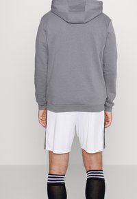 Felpa grigia con cappuccio, tessuto morbido, tasca a marsupio, vista posteriore. Abbinata a pantaloni corti bianchi con strisce nere e calze nere fino al ginocchio con strisce bianche.