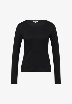 Black long-sleeve women's fitted top with round neckline and small logo patch centered below collar.