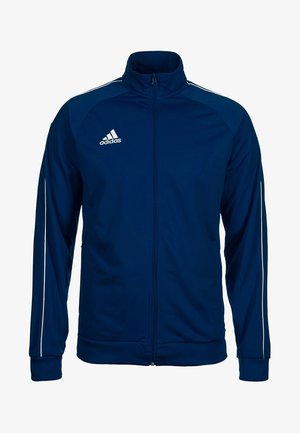 Marineblå adidas lynlåsjakke med hvide striber på ærmerne og hvid adidas-logo på venstre bryst, lange ærmer og høj hals.