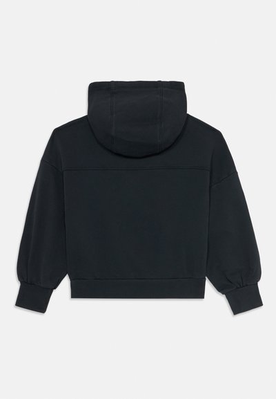 Black long-sleeve hoodie with elastic cuffs and visible seam details, shown from the back on a white background.