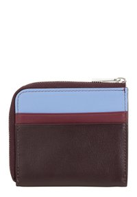 Portafoglio in pelle con chiusura a zip, suddiviso in tre sezioni di colore: marrone scuro, rosso e azzurro, con finiture lisce e testurizzate.