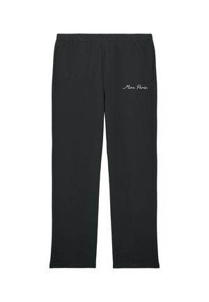 Zwarte broek met rechte pijpen, een elastische tailleband en zijzakken, met witte "Mira Paris" opschrift op de bovenste linker dij.