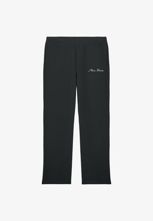 Pantalon noir à jambes droites avec taille élastique et poches latérales, avec l’inscription blanche « Mira Paris » sur la partie supérieure de la cuisse gauche.