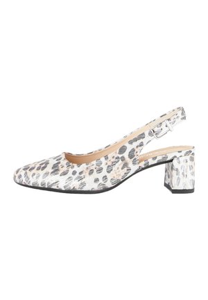Chaussure à bride arrière imprimé léopard avec un bout pointu, une surface texturée et un talon carré. Dispose d'une bride ajustable avec boucle. Couleurs : blanc, noir et beige.