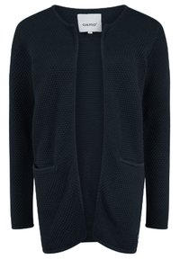 Cardigan bleu marine foncé avec un motif de tricot texturé, à l'ouverture sur le devant et deux poches avant. Il a des manches longues et un col rond.