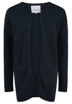 Dark navy cardigan with a textured knit pattern, open front, and two front pockets. Features long sleeves and a round neckline.