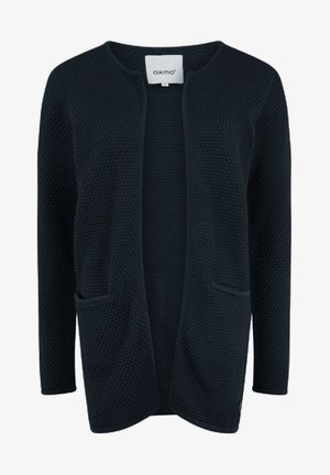 Mörk marinblå cardigan med ett texturerat stickmönster, öppen front och två framfickor. Har långa ärmar och rund halsringning.