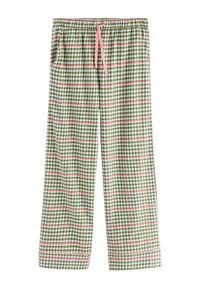 Green and white checked pants with pink accents, elastic waist, and two side pockets. Loose-fitting, lightweight fabric.