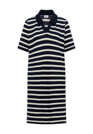 Polvenmittainen, merensininen ja valkoraidallinen lyhythihainen mekko, jossa on teksturoitu neulottu kangas sekä musta kaulus ja V-kaula-aukko.