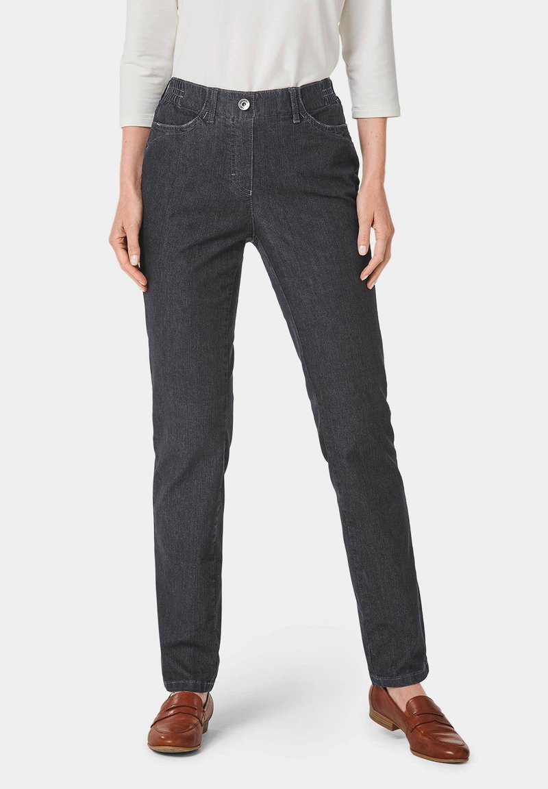 Donkerdenim broek met een rechte pasvorm, met een gladde textuur, voorzakken, een knoopsluiting en een elastische tailleband voor extra comfort.