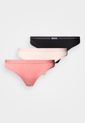 Three pairs of BOSS bikini briefs in black, pink, and light beige. Each with a soft waistband showcasing the brand name. Smooth texture.