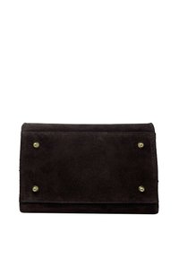 Hnědá semišová rectangular taška na cennosti s čtyřmi kovovými nýty jako akcent. Hladký povrch a minimalistický design.