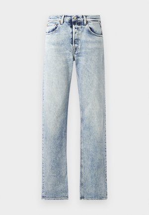 Lichtblauwe denim jeans met een rechte pijp design. Kenmerken zijn onder andere vijf zakken, riemlussen en een rafelige zoom aan de onderkant.