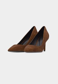 Ζευγάρι καφέ σουέντ γόβες μυτερές, με ψηλ ό κλασικό τακούνι στιλέτο, πάνω σε λευκό φόντο.