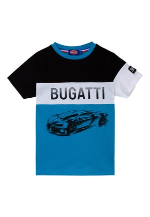T-shirt a maniche corte in nero, blu e bianco con testo 'BUGATTI' e un grafico di una macchina. Tessuto in cotone; design a girocollo.