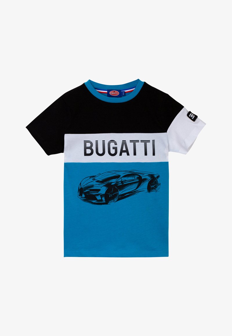 T-shirt a maniche corte in nero, blu e bianco con testo 'BUGATTI' e un grafico di una macchina. Tessuto in cotone; design a girocollo.