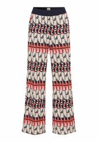Wide-leg pants with a geometric pattern in red, black, and cream. Features a navy waistband and a smooth, lightweight fabric.