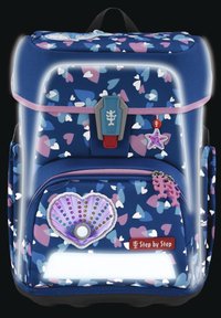 Blue backpack with a heart-patterned fabric, featuring a shell patch, reflective accents, and a secure buckle closure. Step by Step branding visible.