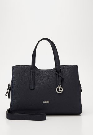 Navy blue leather handbag with a textured finish, two handles, detachable shoulder strap, and silver logo charm. Spacious and structured design.