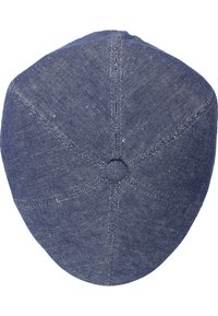 Denim cap with a rounded top, dark navy color, visible stitching, and a vented button at the crown. Smooth texture and classic design.
