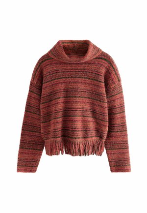 Red and green striped sweater with a cowl neck, made of fuzzy material, featuring a cropped design with fringe detail at the hem.