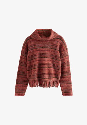 Rood en groen gestreepte trui met kraag, gemaakt van donzig materiaal, met een cropped ontwerp en franjes aan de onderkant.