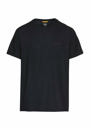 Czarny bawełniany T-shirt z okrągłym dekoltem, krótkimi rękawami i kieszonką na piersi. Gładka faktura i luźny krój.