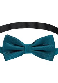 Teal sidenfluga med texturerade ränder, försedd med ett svart justerbart band. Bågform med en central knutdetalj.