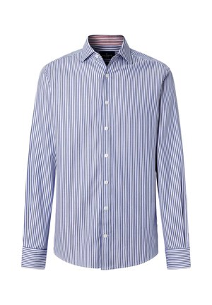 Camisa de manga larga con botones, de rayas verticales azules y blancas, con cuello abierto y puños abotonados.