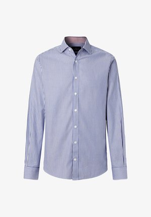 Modrá a biela vertikálne pruhovaná košeľa s dlhým rukávom, zapínaná na gombíky, s rozšíreným golierom a zapínaním na gombíky na manžetách.