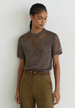 Reiss, REGULAR FIT - TAMSIN METALLIC ARGYLE OPEN-KNIT TOP - T-Shirt print - gunmetal grey