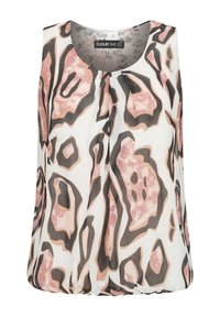Damska bluzka bez rękawów wykonana z lekkiego materiału, zdobiona różowo-brązowym abstrakcyjnym wzorem na białym tle. Okrągły dekolt z delikatnym marszczeniem.