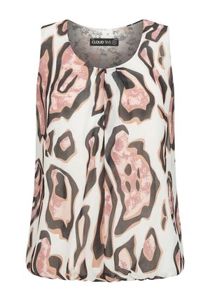 Damska bluzka bez rękawów wykonana z lekkiego materiału, zdobiona różowo-brązowym abstrakcyjnym wzorem na białym tle. Okrągły dekolt z delikatnym marszczeniem.