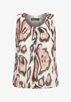Damska bluzka bez rękawów wykonana z lekkiego materiału, zdobiona różowo-brązowym abstrakcyjnym wzorem na białym tle. Okrągły dekolt z delikatnym marszczeniem.