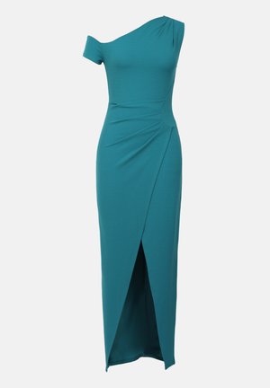 Teal, one-shoulder dress made of stretchy fabric, featuring a draped design and a thigh-high slit along the front for ease of movement.