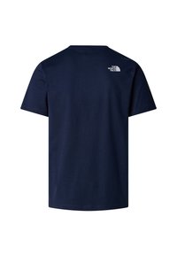 Mörkblå bomullströja med korta ärmar, rund hals, med en vit logotyp tryckt på övre rygg. Slät textur och avslappnad passform.