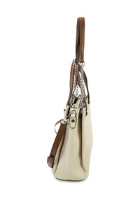 Beige leren handtas met bruine leren accenten, kettingdetail, een afneembare schouderriem en ritssluiting. Beschikt over bovenhandvatten voor veelzijdig gebruik.