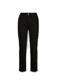 Musta farkut suoran lahje muotoilulla, korkea vyötärö, etutaskut ja metallinappi. Yksivärinen ja sileä pinta.