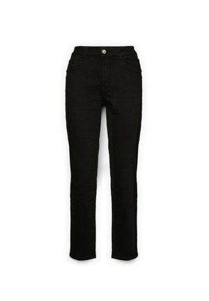 Vaqueros de mezclilla negra con diseño de pierna recta, cintura alta, bolsillos frontales y un botón de metal. Color uniforme y textura suave.