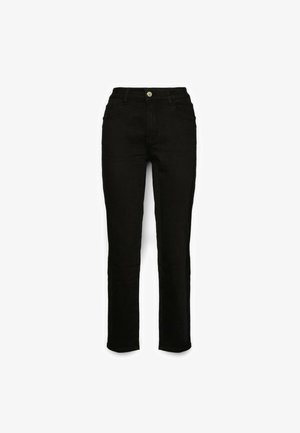 Musta farkut suoran lahje muotoilulla, korkea vyötärö, etutaskut ja metallinappi. Yksivärinen ja sileä pinta.