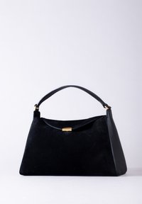 Black handbag with a structured design, made of suede and leather. Features a short handle and a gold metal clasp. Smooth texture.