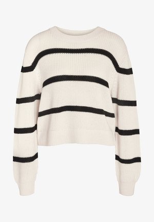 Valge soonikkoes kampsun mustade horisontaalsete triipudega, lühendatud disain, soonikkoes kaelus ja pahkluude mansetid, pehme tekstuur ning laiade varrukatega.