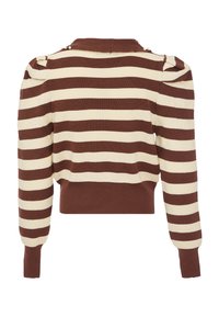Braun- und cremefarbener gestreifter Strickpullover mit Kragen, Schulterakzenten und gerippten Säumen. Weiche Textur mit einem cropped Design.