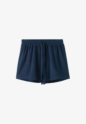 Marineblauwe badstofshorts met elastische tailleband en vooraan aantrekkoord, losse pasvorm en korte lengte.