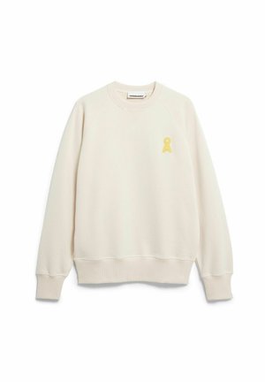 Off-White-Sweatshirt mit geripptem Rundhalsausschnitt, Raglanärmeln und einem kleinen gelben Logo-Akzent auf der Vorderseite. Weicher Stoff und lockere Passform.